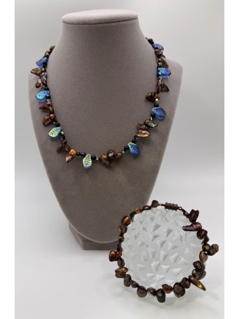 Artisan Keshi Pearl Glass Leaf Necklace Bracelet Set Magnetic Clasp 16”